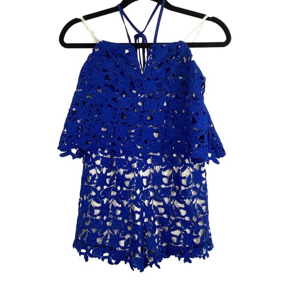 JOA Revolve Blue Lace Halter Romper Size Small J.O.A Shorts - Picture 2 of 10